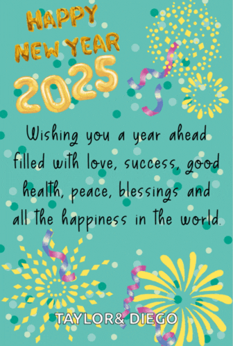 a happy new year greeting card with taylor and diego on the bottom