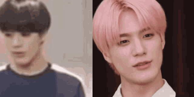 a close up of a person with pink hair and a close up of a person with black hair