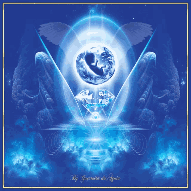 a blue background with the words by guerreira do aquia at the bottom