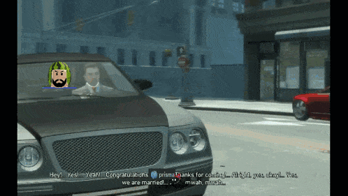 a screenshot of a video game shows a man in a car talking to another man