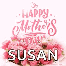 a happy mother 's day greeting card with a bouquet of pink roses .