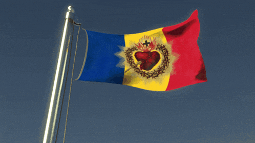 a blue yellow and red flag with a heart and a cross on it