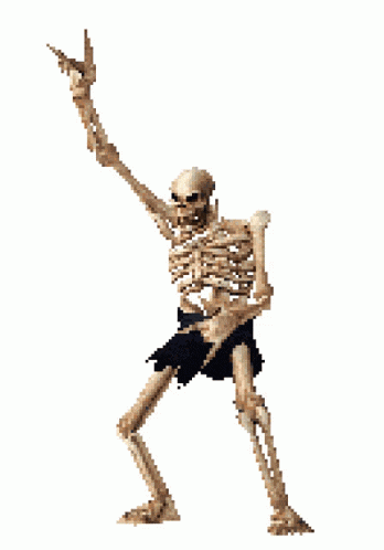 a pixel art of a skeleton making a horns sign