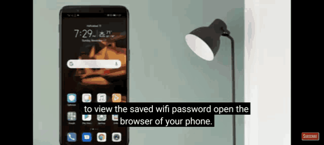 a screenshot of a phone with the words to view the saved wifi password open the browser of your phone below it