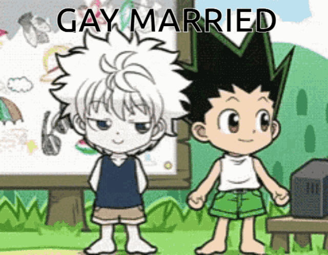 two cartoon characters standing next to each other with the words gay married on the bottom
