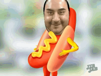 a cartoon of a man dressed as a hot dog with mustard