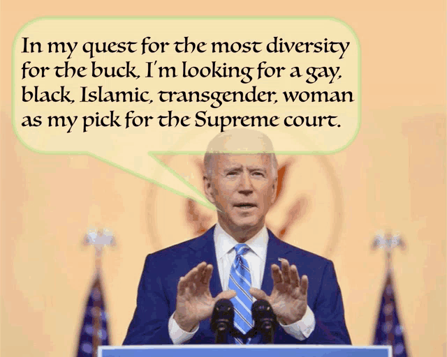 a man speaking at a podium with a speech bubble that says in my quest for the most diversity for the buck