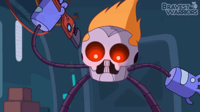 a cartoon of a robotic skull holding a gun with the words bravest wars written above it