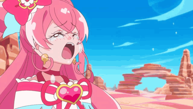 a cartoon girl with pink hair and a heart on her chest