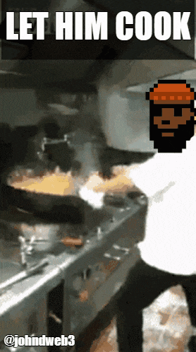 a pixel art of a man cooking with the words let him cook above him