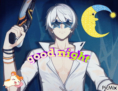 a picture of a man holding a gun with the words goodnight on it