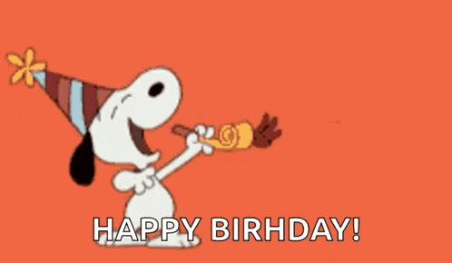 snoopy is wearing a party hat and blowing a party horn with the words happy birthday written below him .
