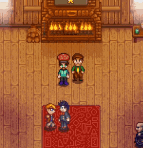 a group of people are standing in front of a fireplace in a video game .
