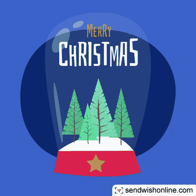 a merry christmas greeting card with a snow globe and trees