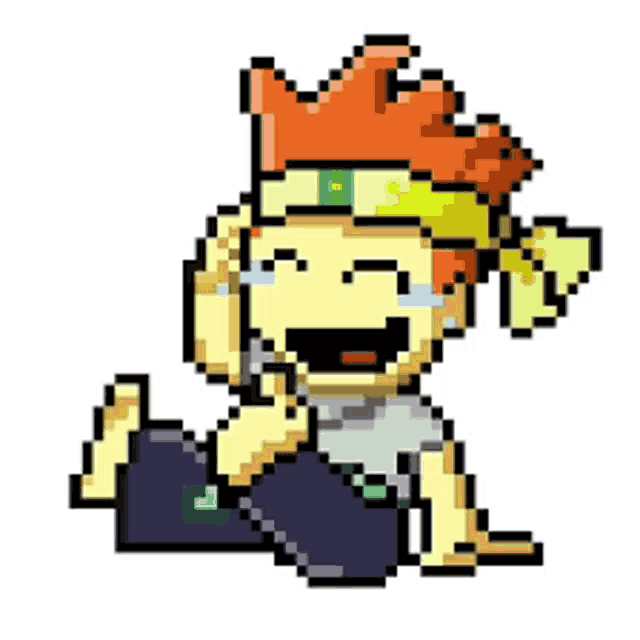 a pixel art drawing of a boy with red hair laughing and crying