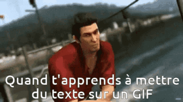 a man in a red shirt is sitting on a boat with the words quand t'apprends a mettre du texte