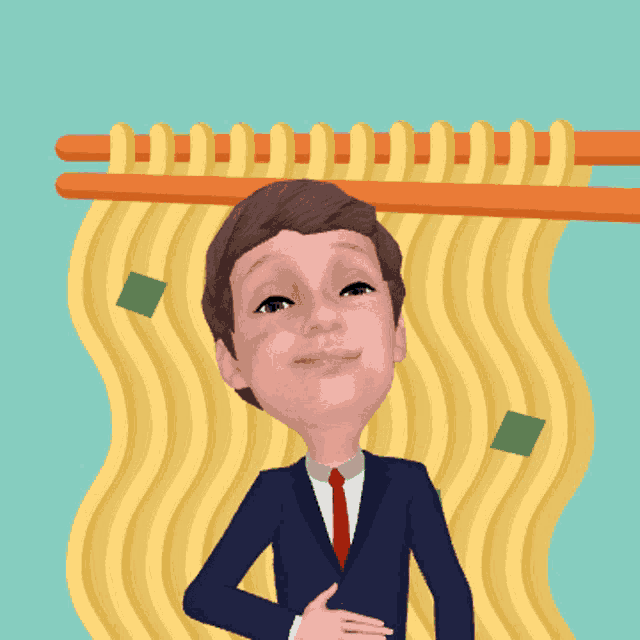 a cartoon of a man in a suit and tie standing in front of noodles