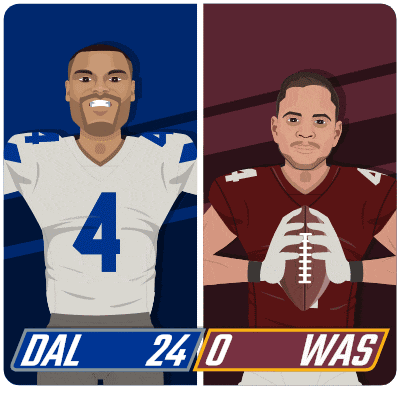 an illustration of two football players with dal 24 0 was written on the bottom