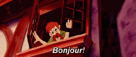 a cartoon character waving from a window with the words bonjour written below him