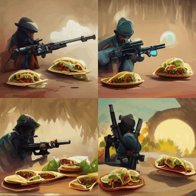 four paintings of a soldier with a gun and tacos on a table