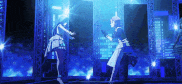 two anime girls are dancing on a stage in front of a city skyline .
