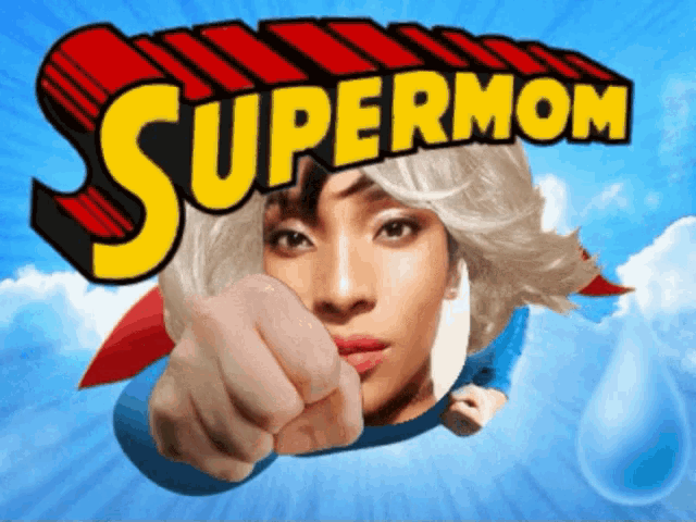 a woman in a superhero costume is pointing at the camera with the words supermom behind her