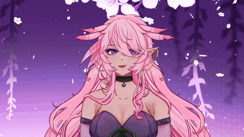 a drawing of a woman with pink hair and purple eyes
