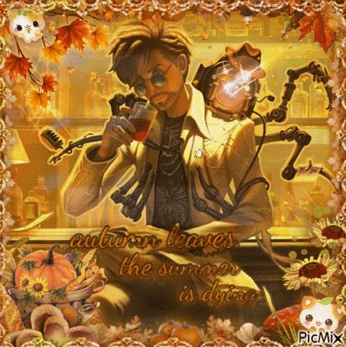 autumn leaves the summer is dying with a man holding a bottle