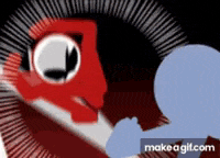 a cartoon of a red monster with a black eye and a blue circle in the middle .