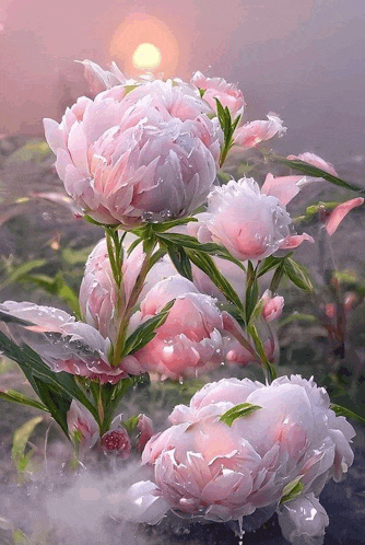 a bunch of pink flowers with water drops on the petals