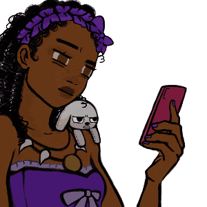 a drawing of a woman holding a stuffed animal while looking at her phone