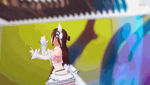 a girl in a pink and white dress is standing in front of a blue and yellow background