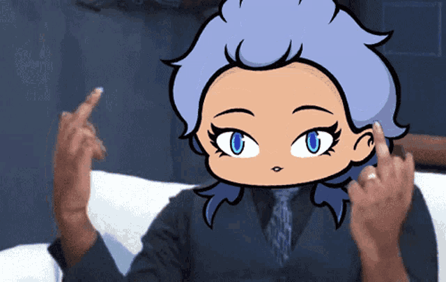 a cartoon drawing of a girl with blue hair giving the middle finger
