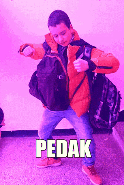 a boy is holding a backpack and the word pedak is above him