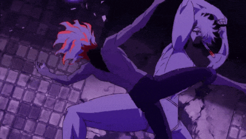 a man with a knife in his hand is fighting another man without a shirt on