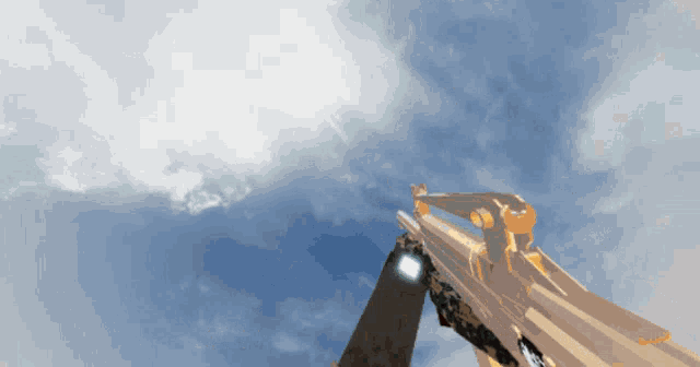 a drawing of a person holding a gun against a cloudy sky