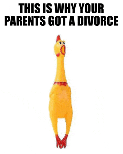 a rubber chicken with the words " this is why your parents got a divorce " on the bottom