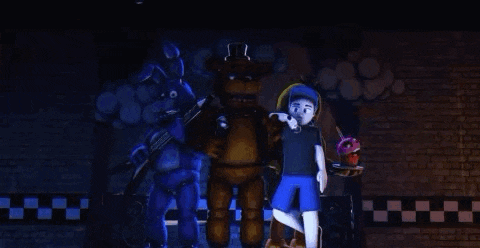 a group of five nights at freddy 's characters standing next to each other in a dark room .