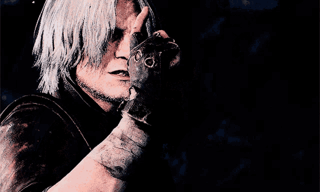 a man with white hair is holding a gun