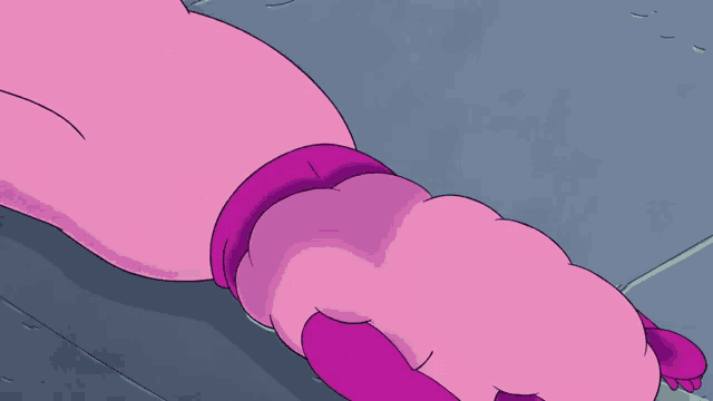 a pink and purple cartoon character is laying down