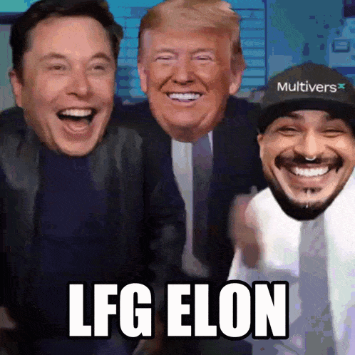 elon musk donald trump and a man wearing a multivers hat