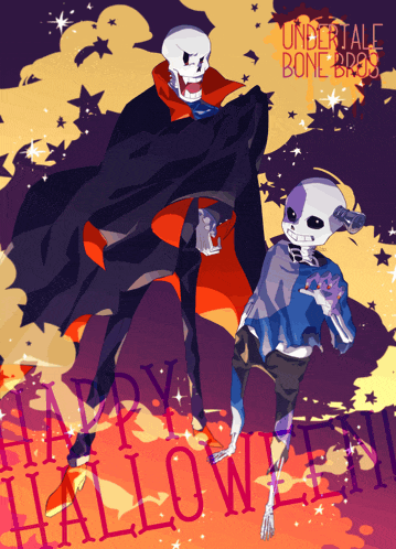 two skeletons are standing next to each other with the words " happy halloween " written on the bottom