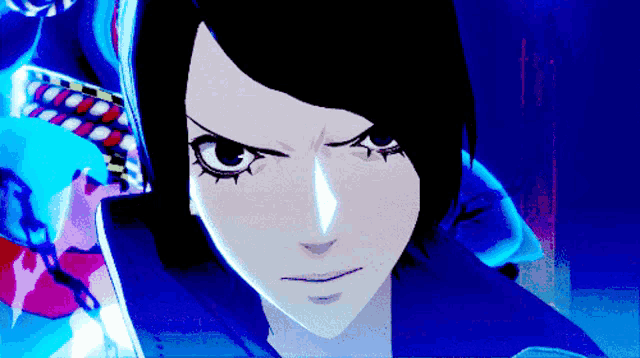 a close up of a cartoon character 's face with a serious look on her face