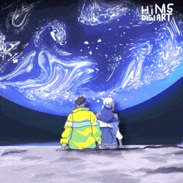 a drawing of two people looking at the earth with hms digiart written on the top
