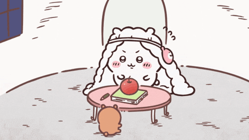 a cartoon of a sheep sitting at a table with a book and an apple