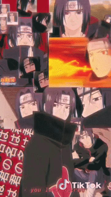 a collage of images of itachi from naruto with a tiktok logo in the corner