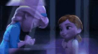 anna and elsa from frozen are standing next to each other in a dark room .
