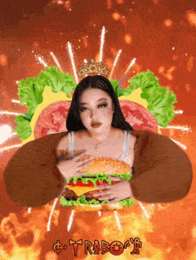 a woman with a crown on her head is holding a hamburger in front of a fire background with the word trboy on it