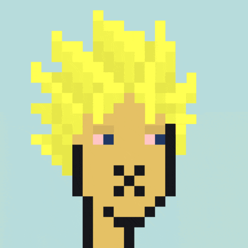 a pixel art drawing of a person with yellow hair and red and pink checkered sunglasses
