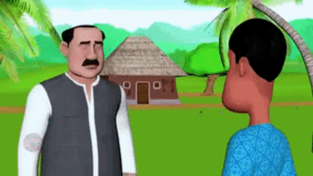 a man with a mustache is talking to another man in front of a thatched roof house .